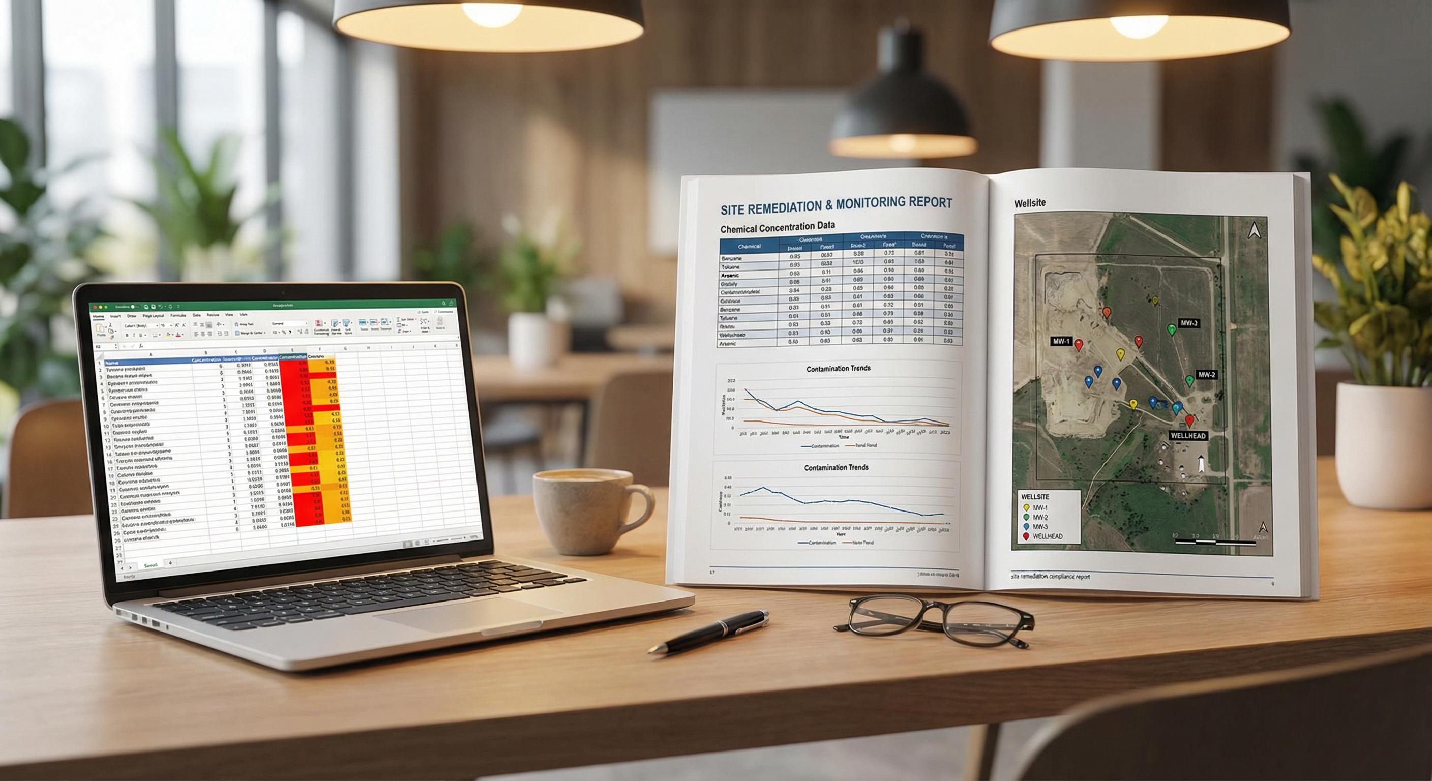 Laptop showing Excel spreadsheet with highlighted exceedance values alongside a printed environmental report