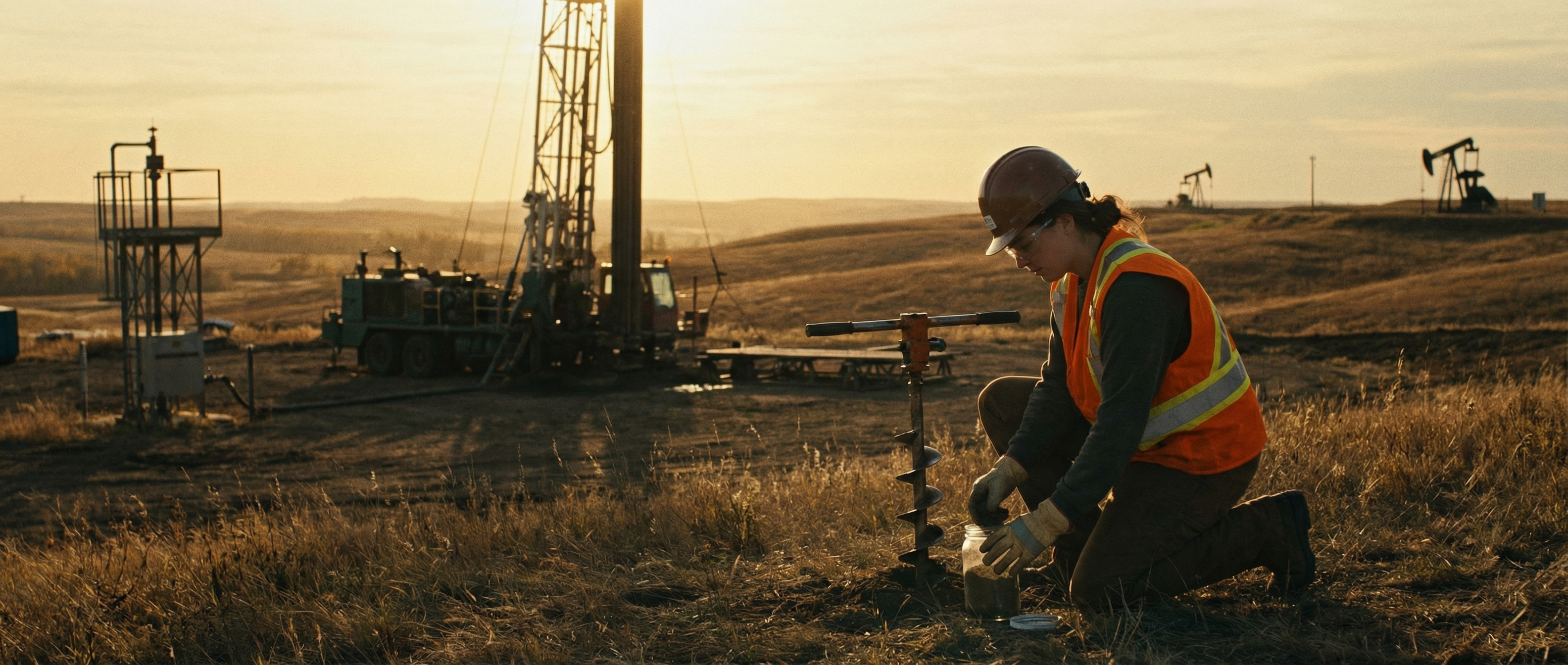 Environmental technician collecting soil samples at a wellsite during golden hour
