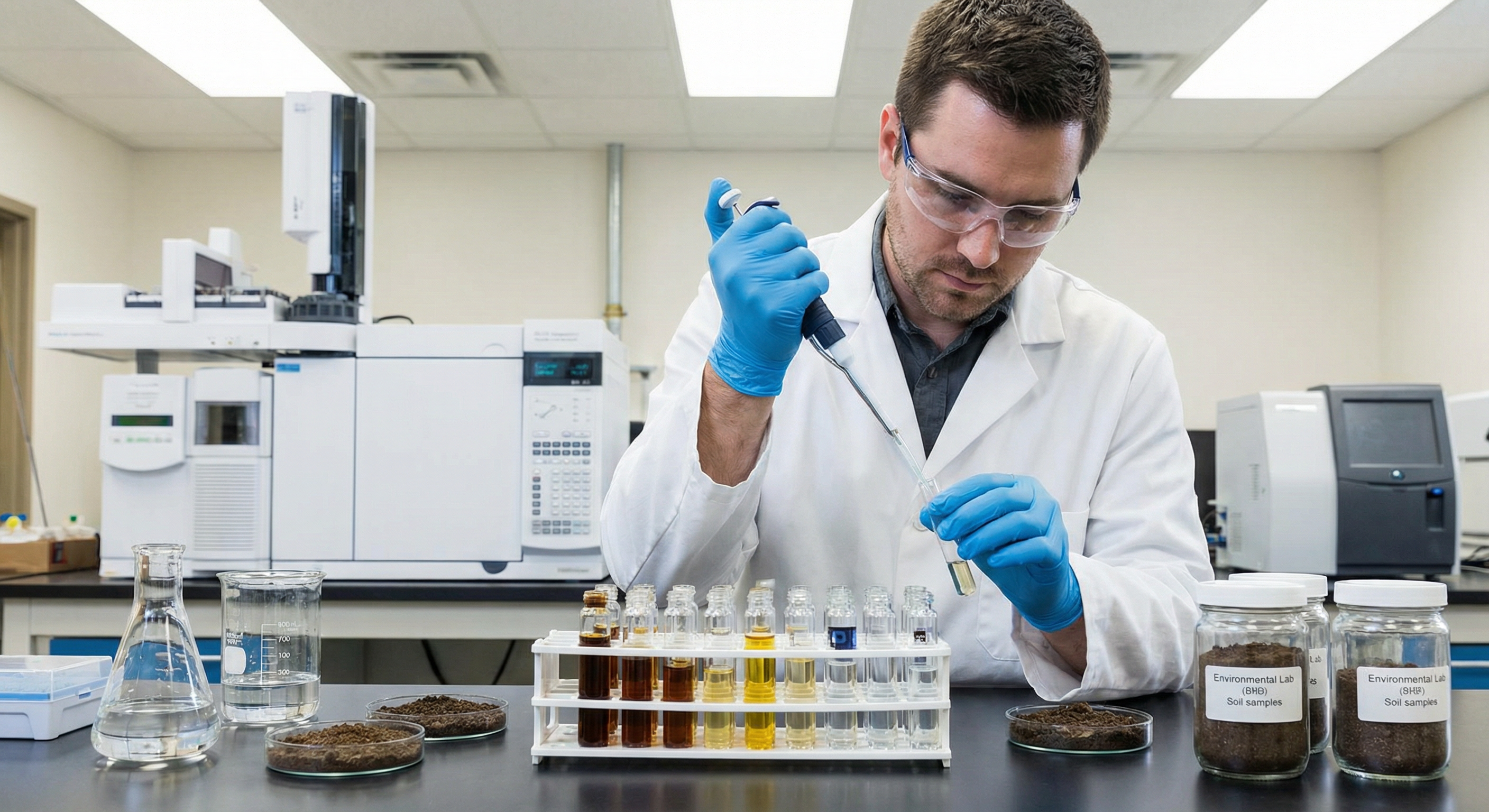 Laboratory technician analyzing soil and water samples with gas chromatograph equipment