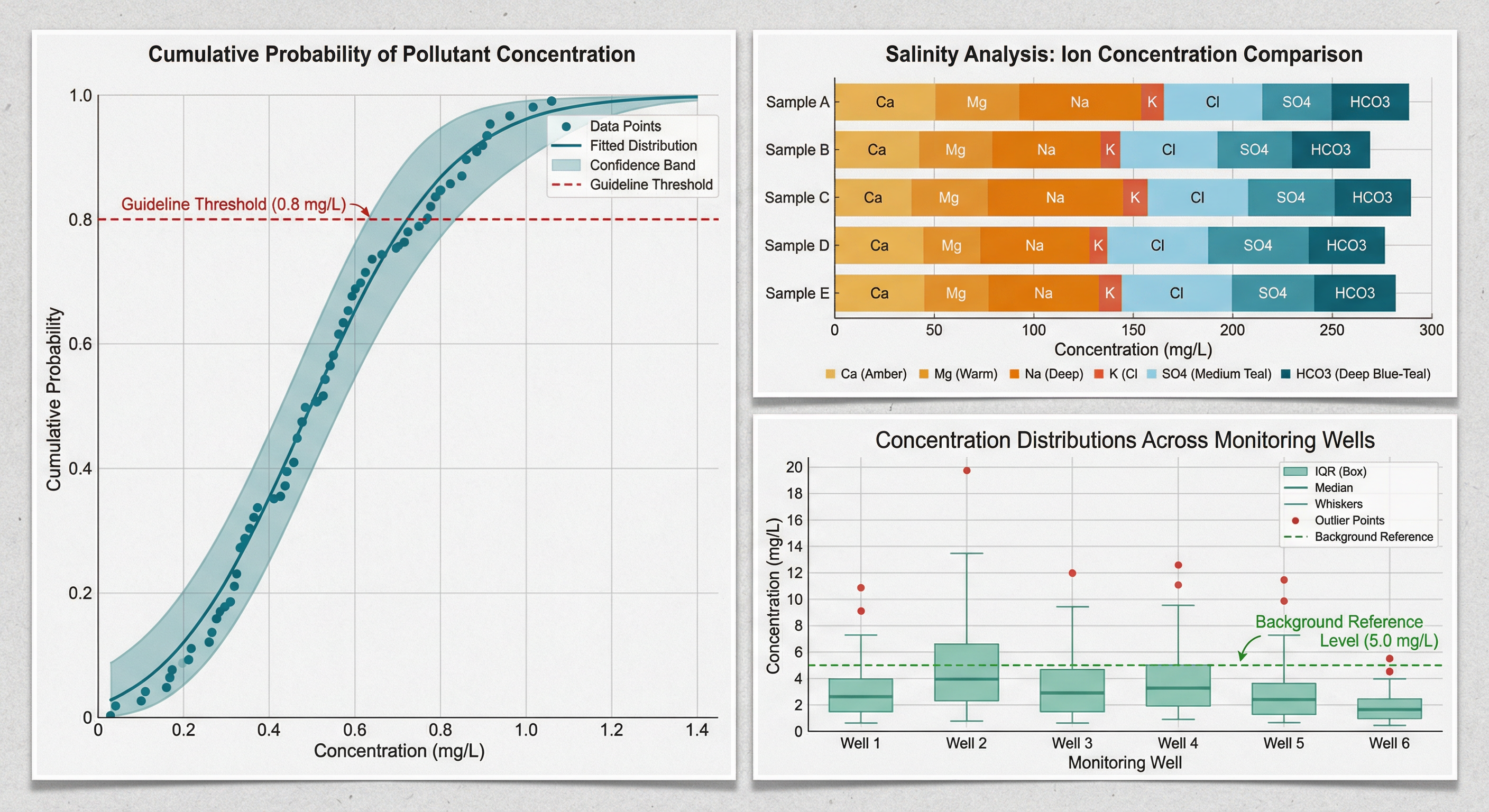 Environmental statistics suite showing cumulative probability distribution, salinity ion concentration comparison, and monitoring well box plots